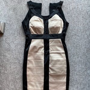 Tan/Black Formal Cocktail Dress, Knee Length, Sz S